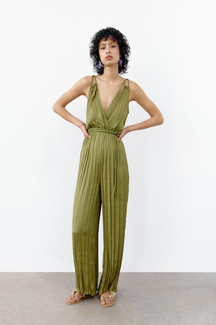 LONG PLEATED JUMPSUIT Olive green ZARA Spain